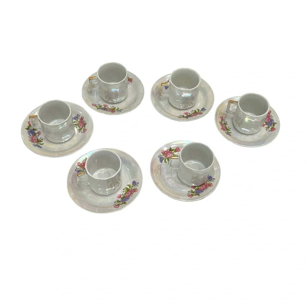 1970s WAHBEH OF CHINA LUSTERWARE PINK & PURPLE FLORAL CUPS & SAUCERS - SET OF 6